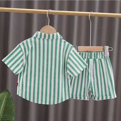 Children's Suit Summer New Boy Baby Fashionable Vertical Striped Handsome Letter Short-Sleeved Shirt Two-Piece