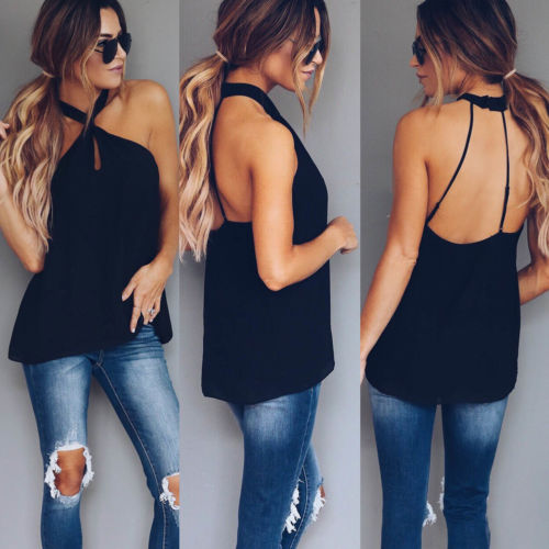 Sexy Women Fashion Summer Vest Top Sleeveless Backless Casual Tank Tops Halter Pure Color