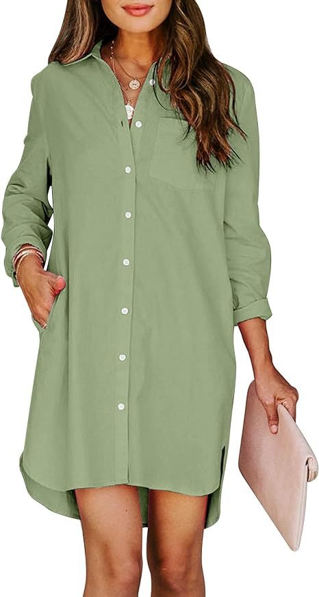 Women's button up shirt dress with pockets, cotton button up waist tied long sleeved solid color high and low shirt