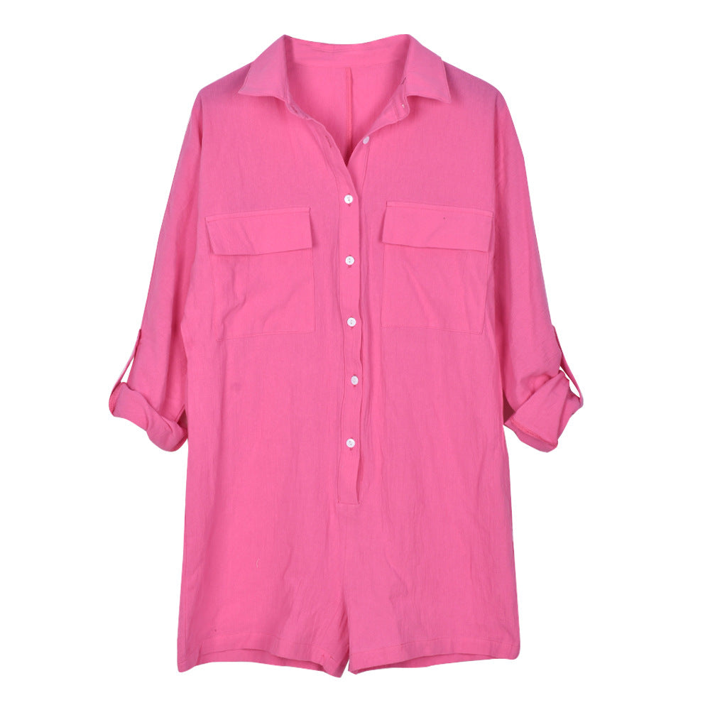 Summer Loose Button Up Shirt Collar Belt Short Sleeve Jumpsuit For Women