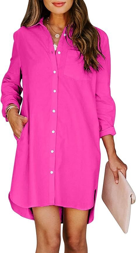 Women's button up shirt dress with pockets, cotton button up waist tied long sleeved solid color high and low shirt