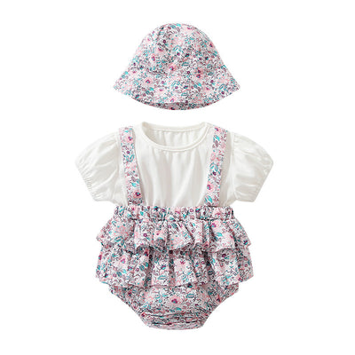 Baby Clothes Summer Refreshing Pastoral Style Purple Floral Female Baby Triangle Bag Fart Clothes To Go Out Short-Sleeved Cotton Rompers