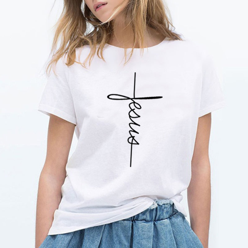 The Cross Printed T-shirt Women Short Sleeve Fashion Cotton Casual Summer Tops Jesus Clothes Plus Size