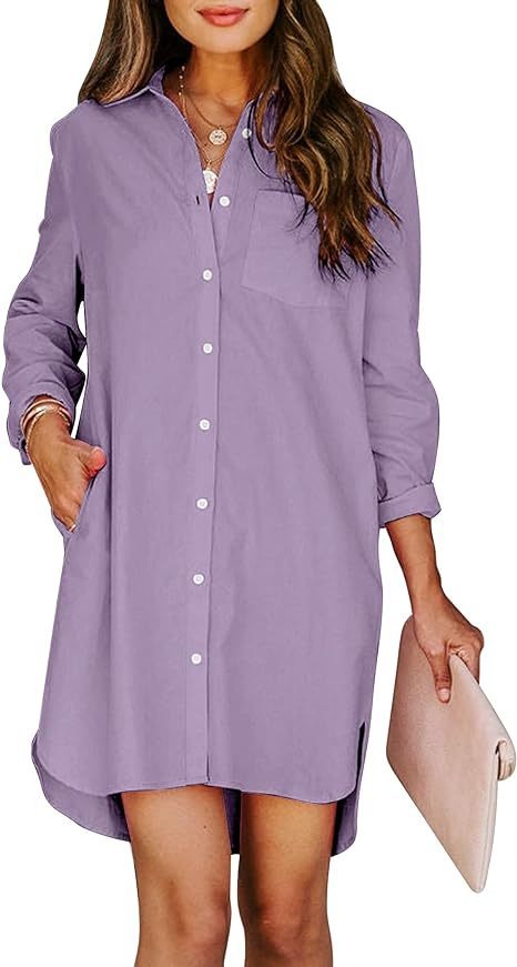 Women's button up shirt dress with pockets, cotton button up waist tied long sleeved solid color high and low shirt