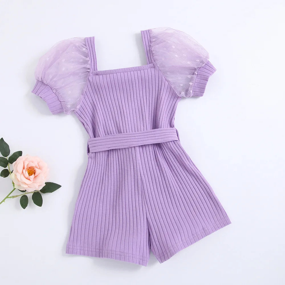 Baby Girl Cotton Ribbed Jumpsuit Puff Sleeve Summer Infant Toddler Lace Jumpsuit Waist Belt Outfit Solid Color Baby Clothes 1-7Y