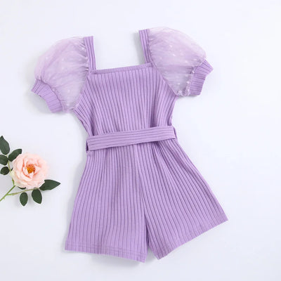 Baby Girl Cotton Ribbed Jumpsuit Puff Sleeve Summer Infant Toddler Lace Jumpsuit Waist Belt Outfit Solid Color Baby Clothes 1-7Y