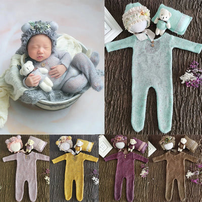 4 Pcs/Set Baby Clothes Newborn Photography Props Baby Romper Jumpsuit Hat Pillow Set With Cute Bear Doll Photo Shooting Outfits