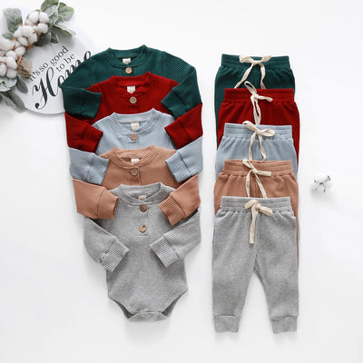 Newborn Baby Boy Girl Clothes Sets Ribbed Knitted Long Sleeve Romper Bodysuits Long Pants Solid Autumn Winter Costume Outfits