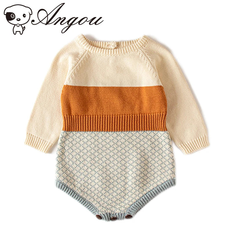 Angou Spring Autumn Knitting Baby Boys Girls Patchwork Romper Long Sleeves Toddler Baby Knitted Jumpsuit Cotton Baby Clothes