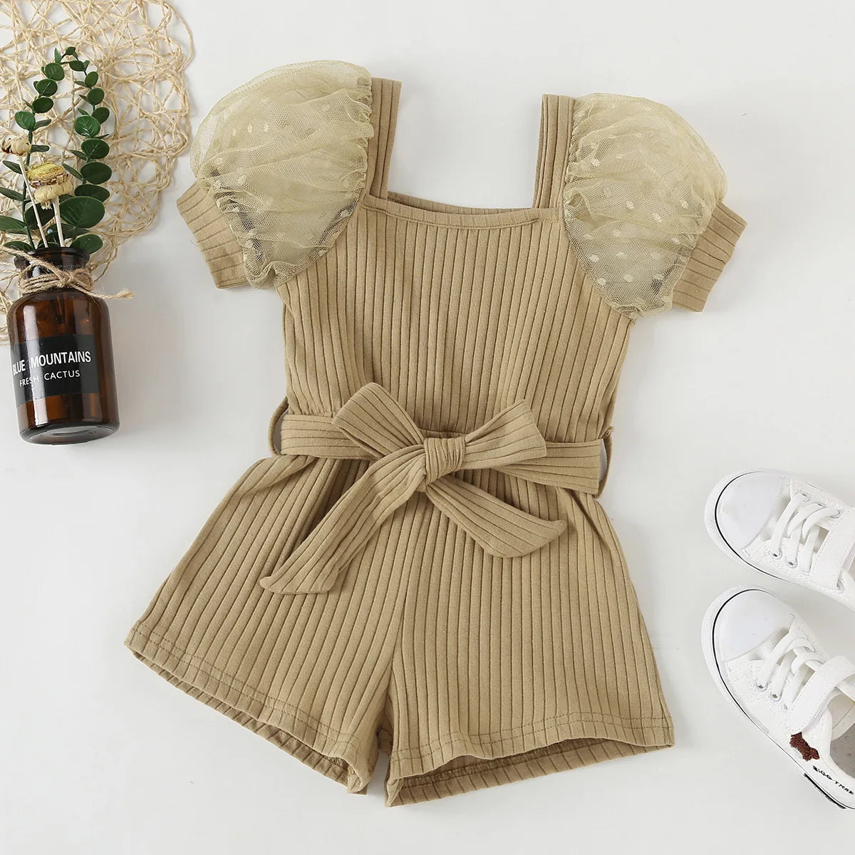 Baby Girl Cotton Ribbed Jumpsuit Puff Sleeve Summer Infant Toddler Lace Jumpsuit Waist Belt Outfit Solid Color Baby Clothes 1-7Y