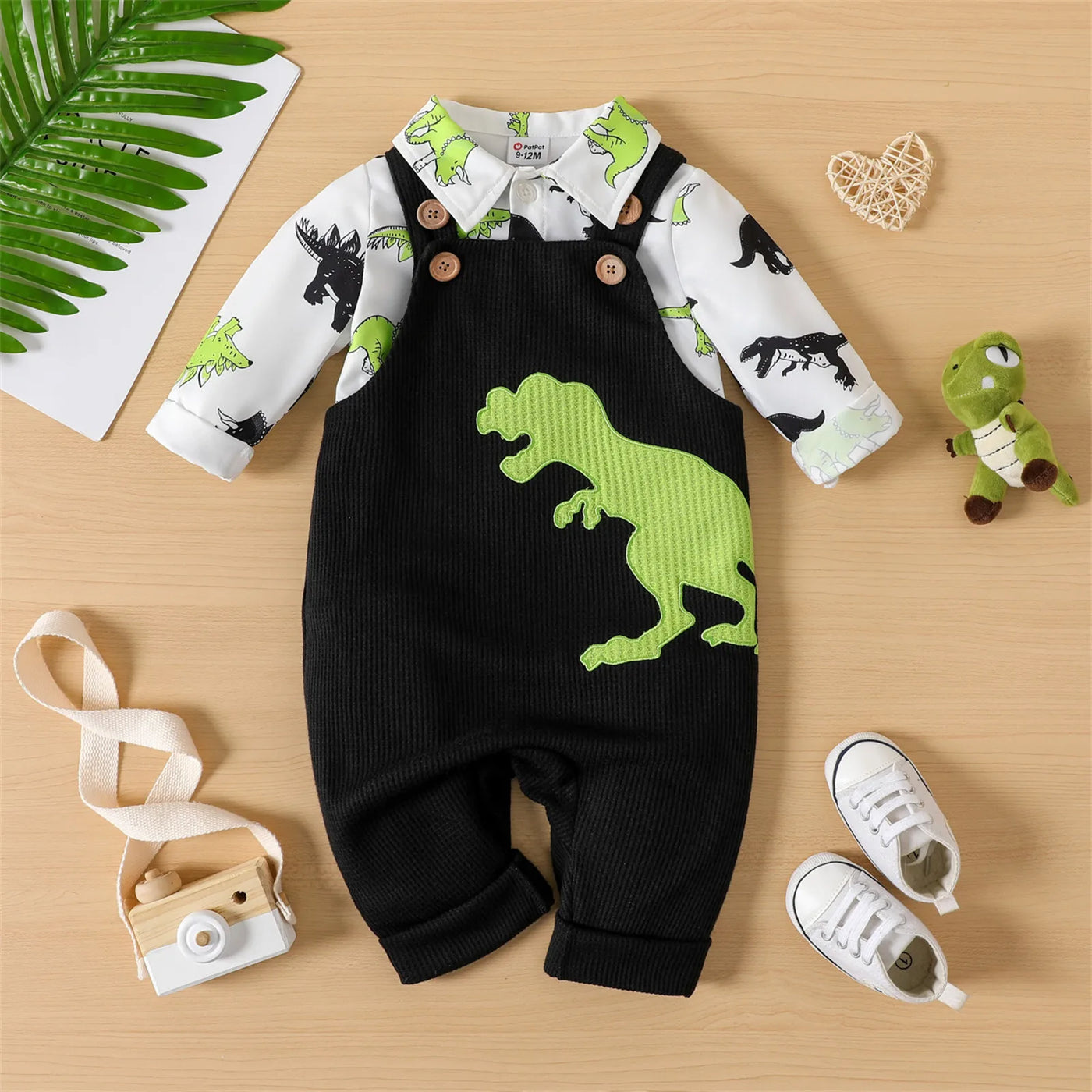 PatPat 2pcs Newborn Baby Boy Clothes Jumpsuits New Born Babies Items Costume Allover Dinosaur Print Long-sleeve Shirt Overalls S