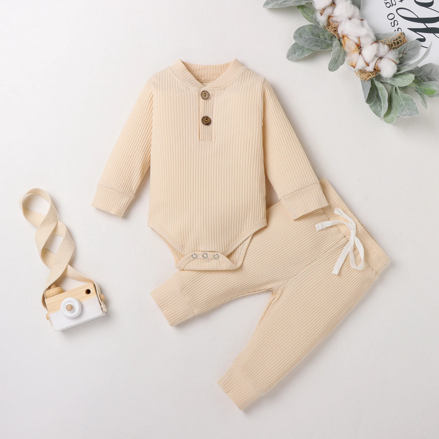 Newborn Baby Boy Girl Clothes Sets Ribbed Knitted Long Sleeve Romper Bodysuits Long Pants Solid Autumn Winter Costume Outfits