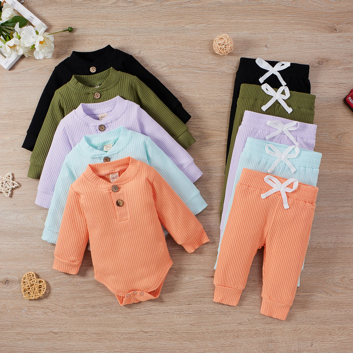 Newborn Baby Boy Girl Clothes Sets Ribbed Knitted Long Sleeve Romper Bodysuits Long Pants Solid Autumn Winter Costume Outfits