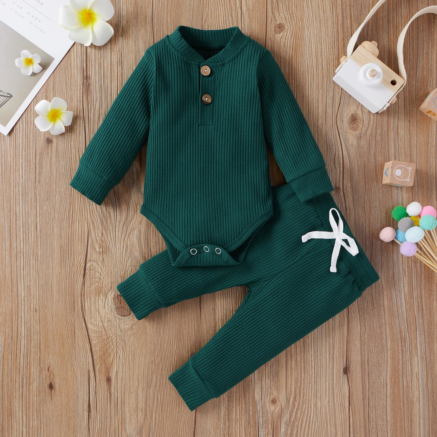 Newborn Baby Boy Girl Clothes Sets Ribbed Knitted Long Sleeve Romper Bodysuits Long Pants Solid Autumn Winter Costume Outfits