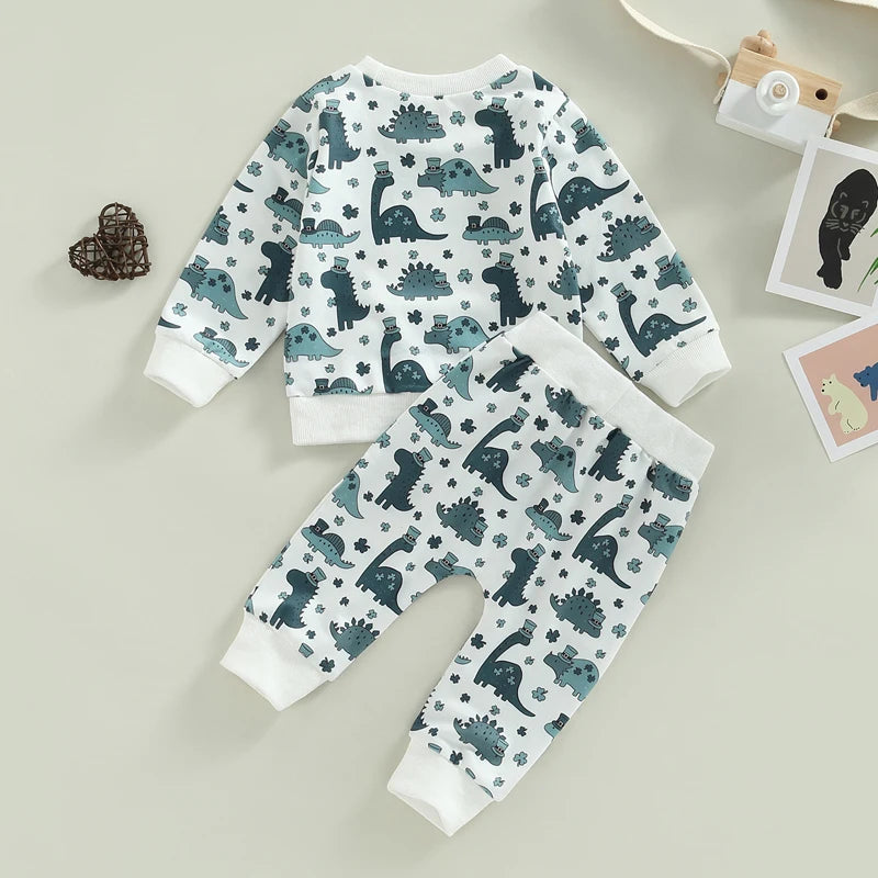 FOCUSNORM 0-3Y Baby Boy Girl Clothes Set 2pcs Green Clover Dinosaur Long Sleeve Sweatshirt Tops Elastic Waist Pants