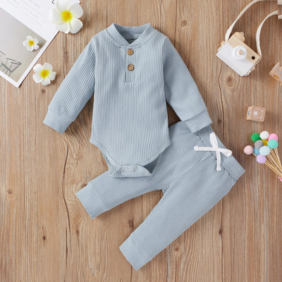 Newborn Baby Boy Girl Clothes Sets Ribbed Knitted Long Sleeve Romper Bodysuits Long Pants Solid Autumn Winter Costume Outfits