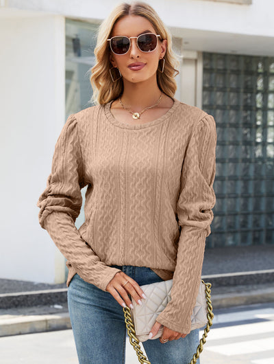 Solid Color Jacquard Round Neck Puffed Sleeve Knitted Sweater For Women