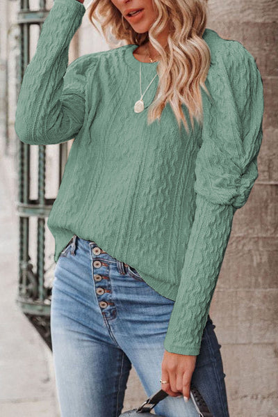 Solid Color Jacquard Round Neck Puffed Sleeve Knitted Sweater For Women