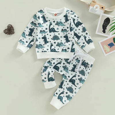 FOCUSNORM 0-3Y Baby Boy Girl Clothes Set 2pcs Green Clover Dinosaur Long Sleeve Sweatshirt Tops Elastic Waist Pants